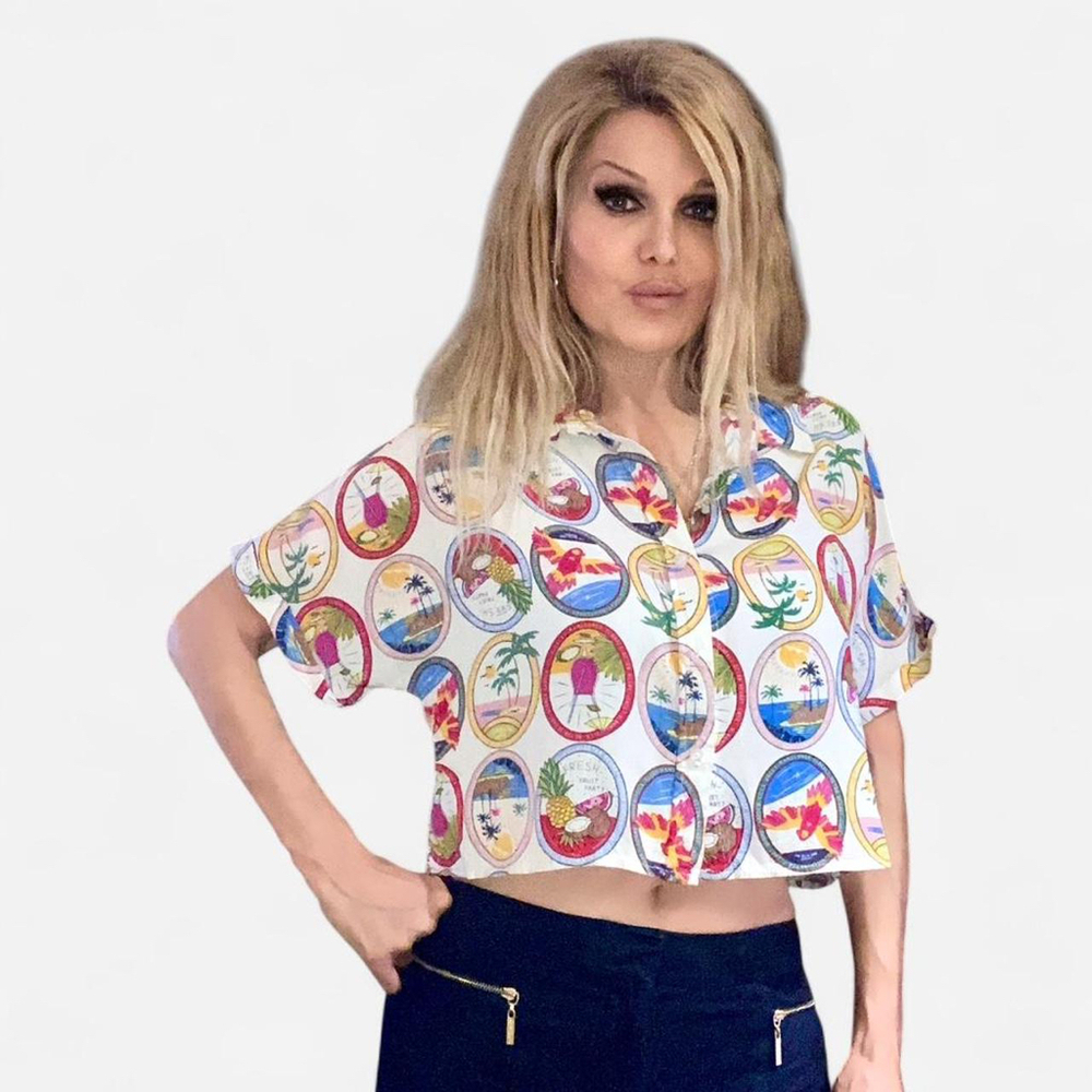 SUNBURST KISS Vintage Tropical Aloha Hawaiian Cropped Button Down Fruity Shirt L